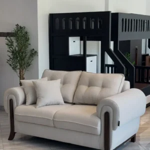 Cream sofa set Kenya with rolled arms, loose pillows, cushioned seat, and dark wood-tone accents