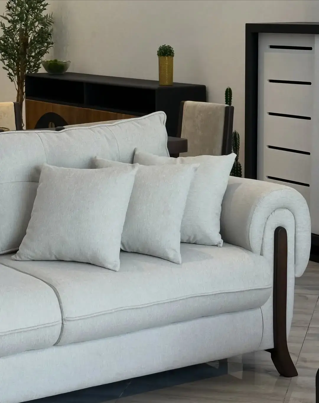 Cream Sofa Set Kenya – Modern Rolled Arm Wood Accent Sofa - Image 4