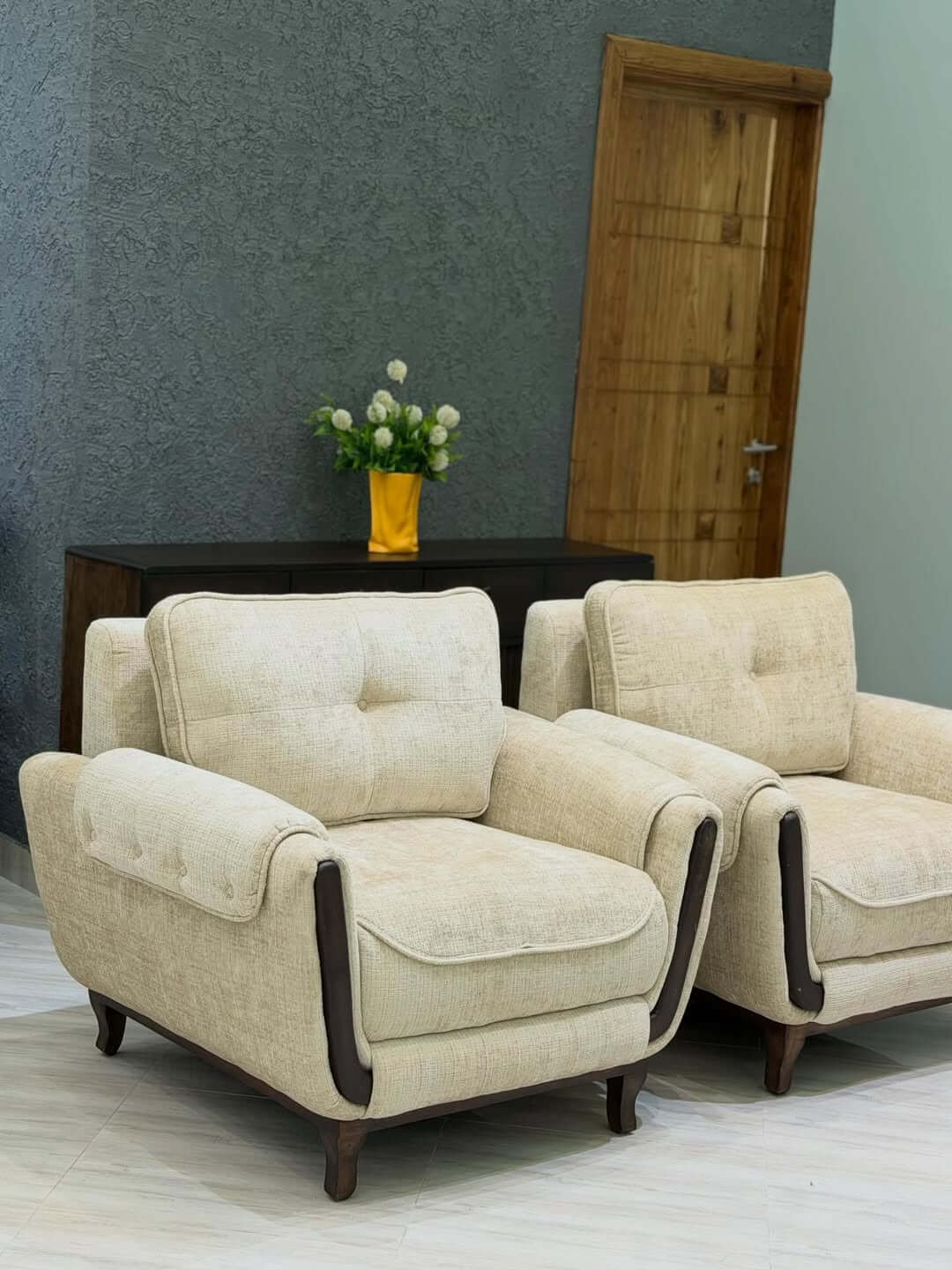 Cream 2 Seater Sofa Kenya – Tufted Sofa with Wood-Tone Accents - Image 3