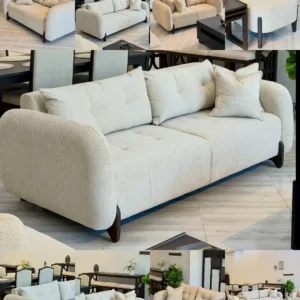Cream sofa set Kenya with tufted seats, rounded arms, and loose cushions for modern living rooms
