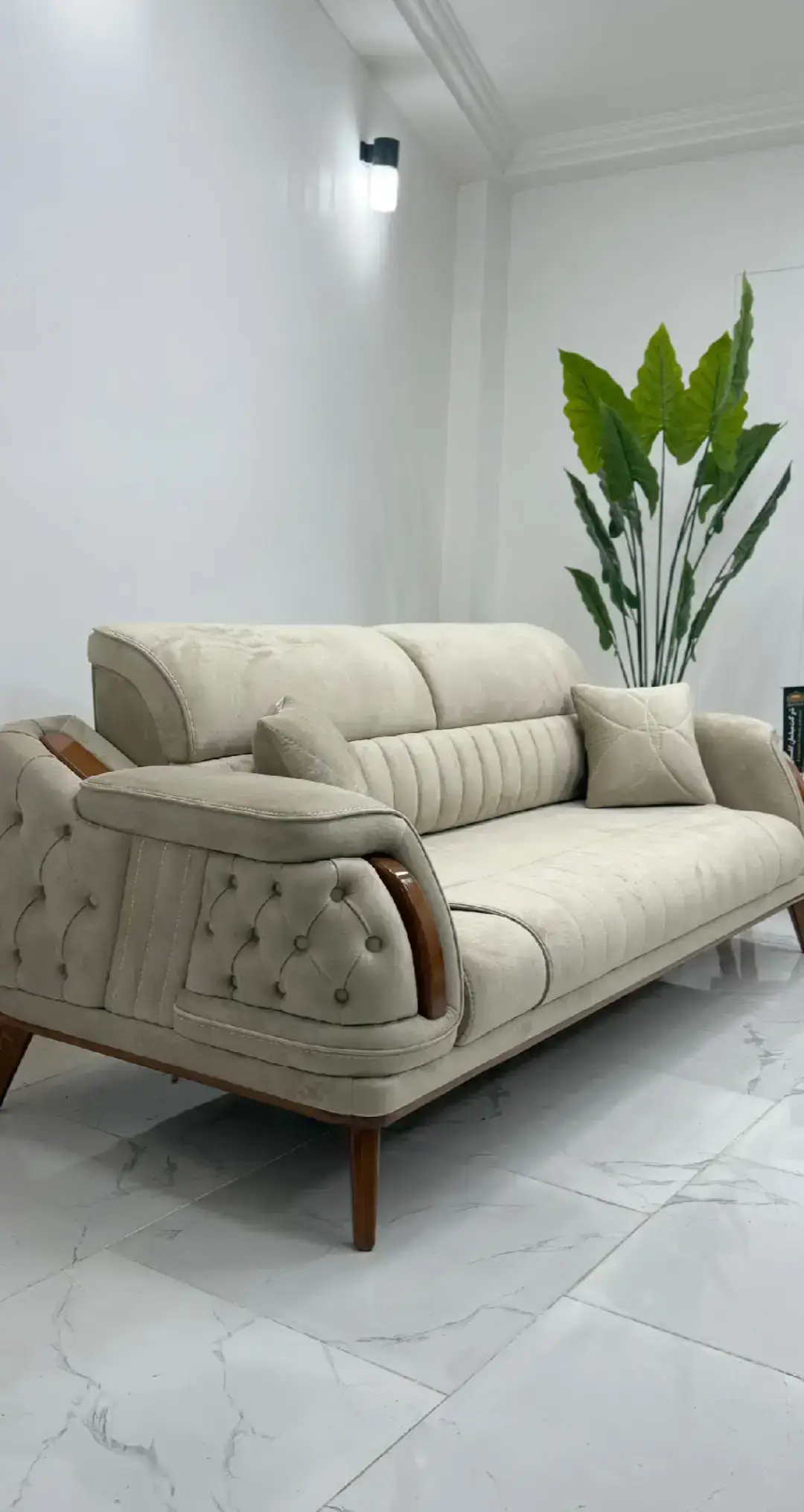 Beige Sofa Set Kenya – Modern Tufted Wood Accent Living Room Sofa - Image 2