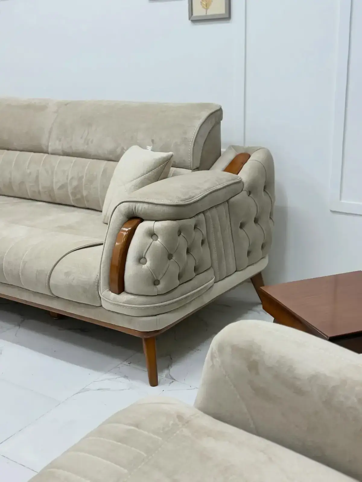 Beige Sofa Set Kenya – Modern Tufted Wood Accent Living Room Sofa - Image 3