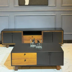 Modern coffee table Kenya with black top, wood-look drawers and matching TV stand