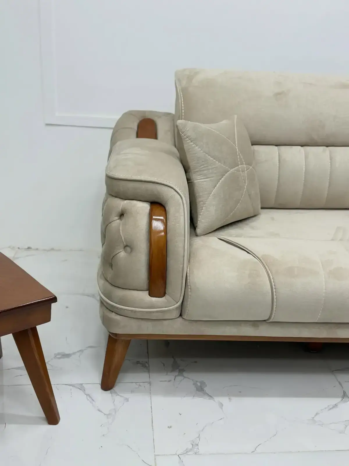 Beige Sofa Set Kenya – Modern Tufted Wood Accent Living Room Sofa - Image 4