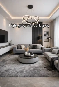 Light grey and dark grey sofa — circular LED chandelier, floating TV unit