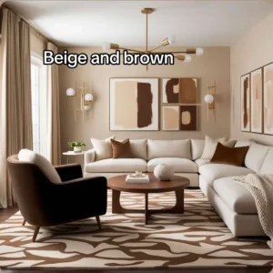 Beige and brown living room — cream sectional, walnut coffee table, gold chandelier