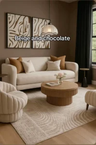 Beige and chocolate living room — cream curved sofa, fluted wood coffee table, brown chocolate walls