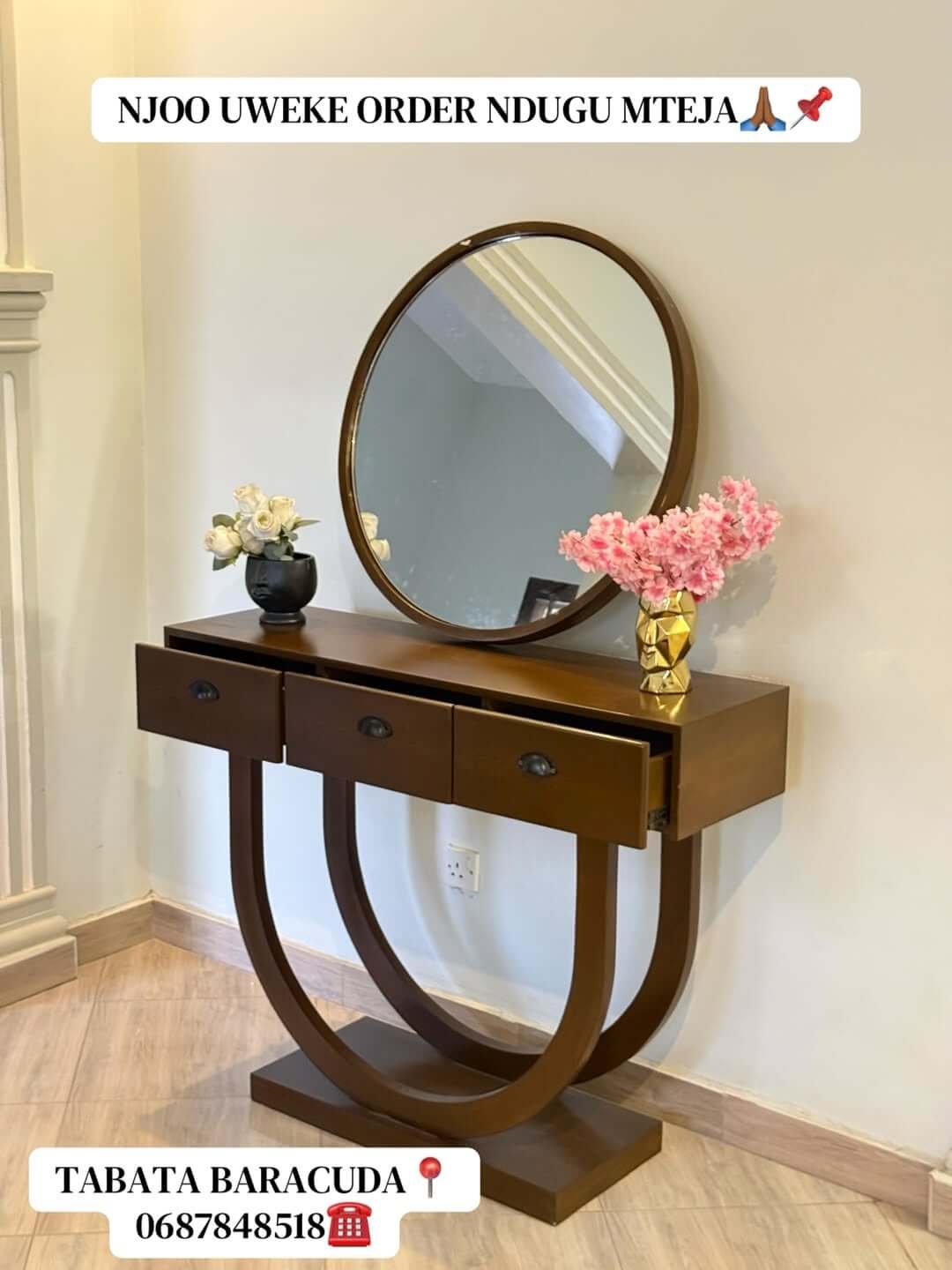 Console Table with Mirror Kenya – Brown Curved Drawer Console - Image 2
