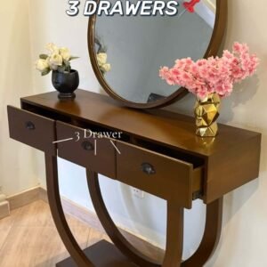 Brown console table with round mirror, curved base and three drawers for Kenya homes