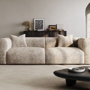 Text: Cream rolled arm sofa with beige textured upholstery for modern Kenya living rooms