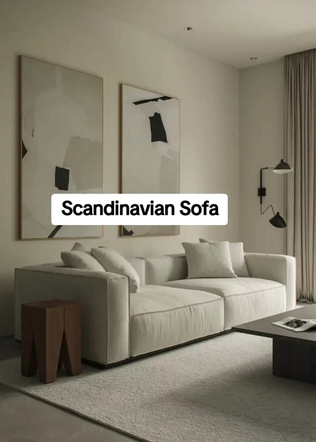 Scandinavian sofa — cream linen low-arm design in a minimalist Nairobi living room with abstract art