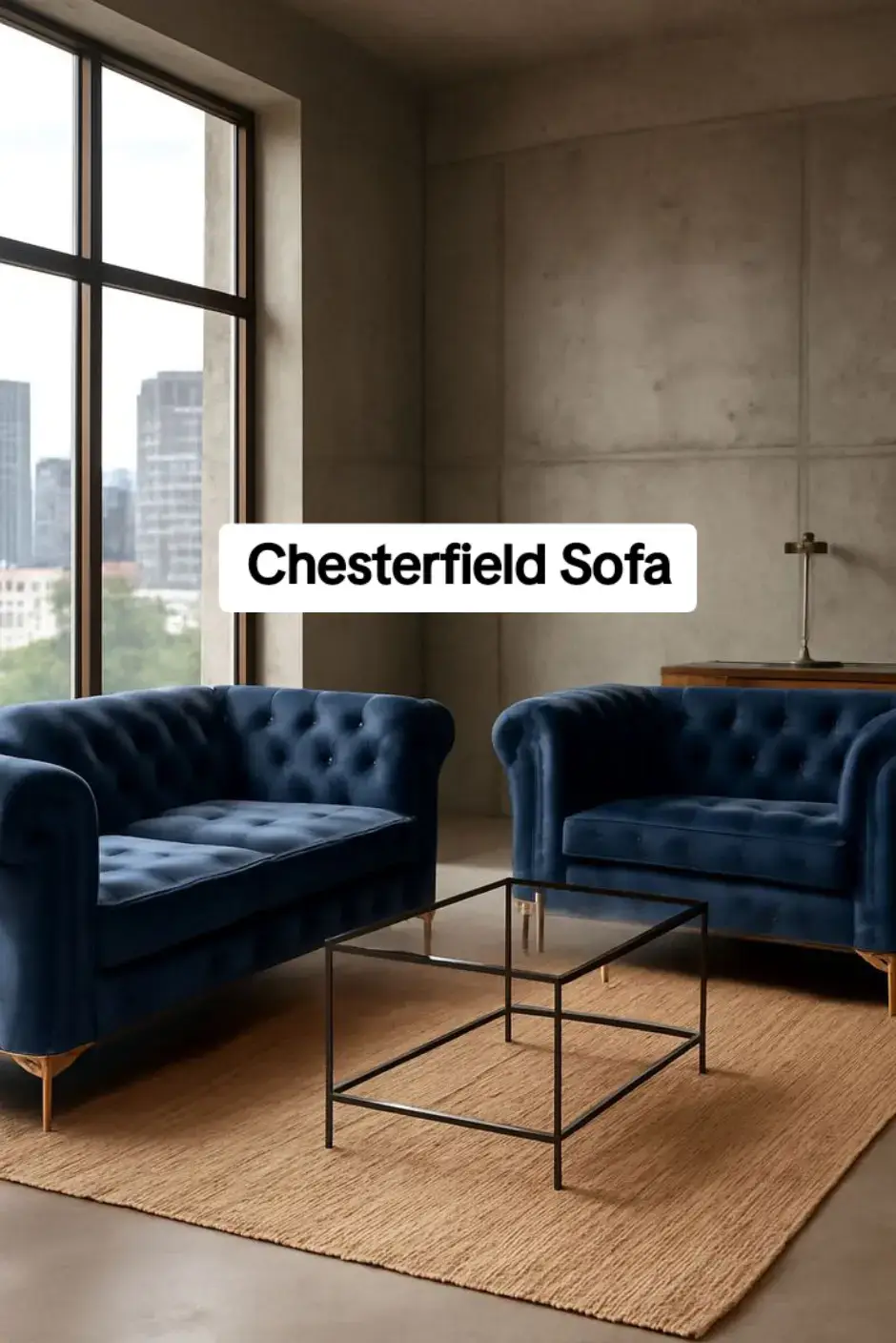 Navy blue velvet Chesterfield sofas with deep button tufting and rolled arms — urban Nairobi setting