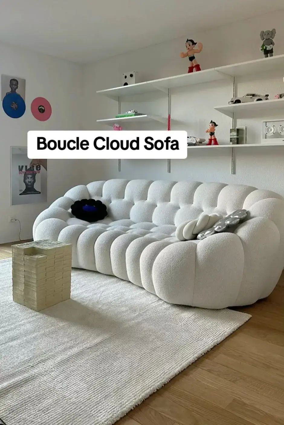 White boucle bubble cloud sofa — sculptural, oversized, round cushion modules, maximalist room
