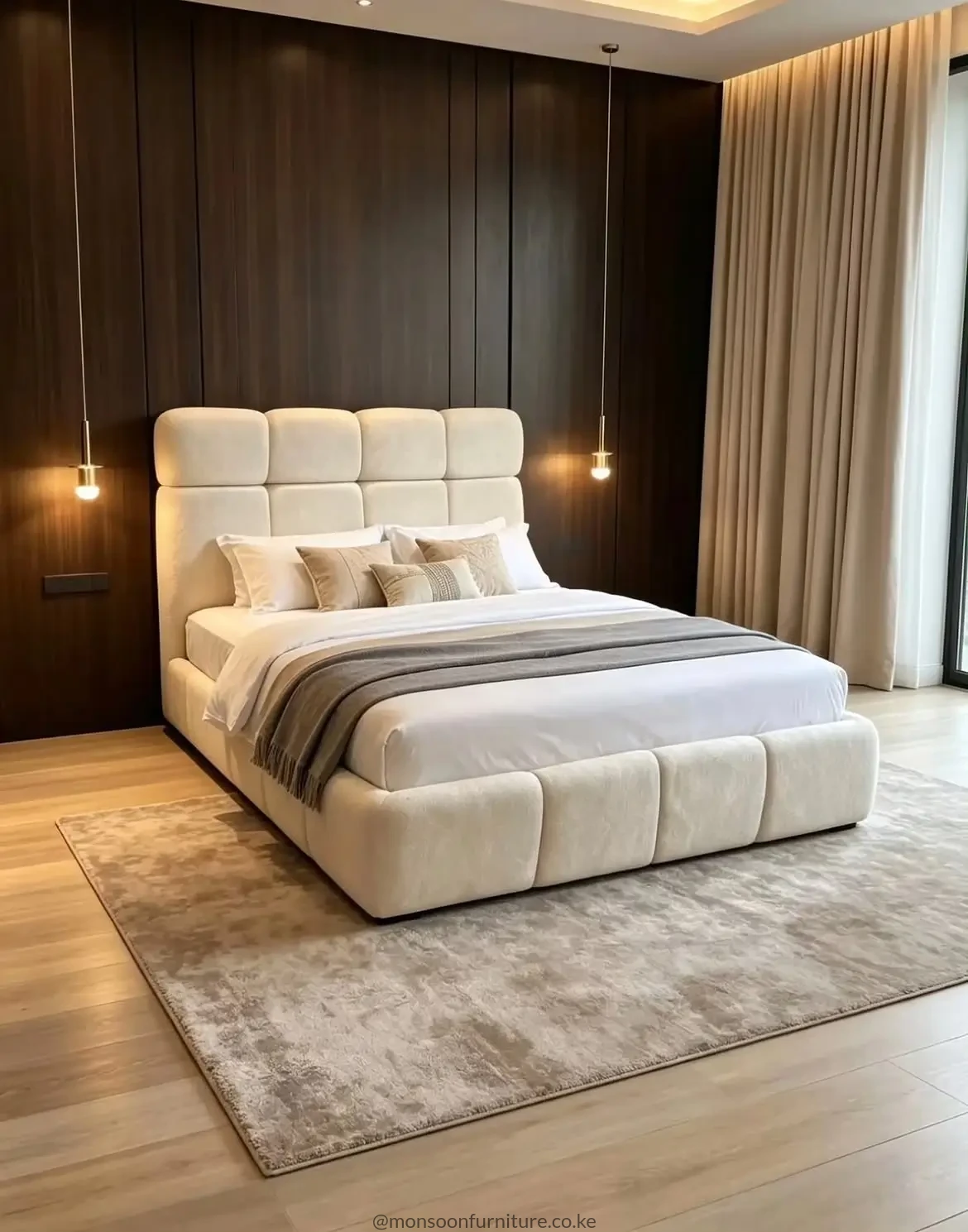Cream upholstered panel bed with tall cushioned headboard for modern bedrooms in Kenya