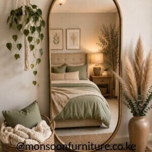 Gold arched full length mirror Kenya with a slim metallic frame, styled as a leaning bedroom floor mirror.
