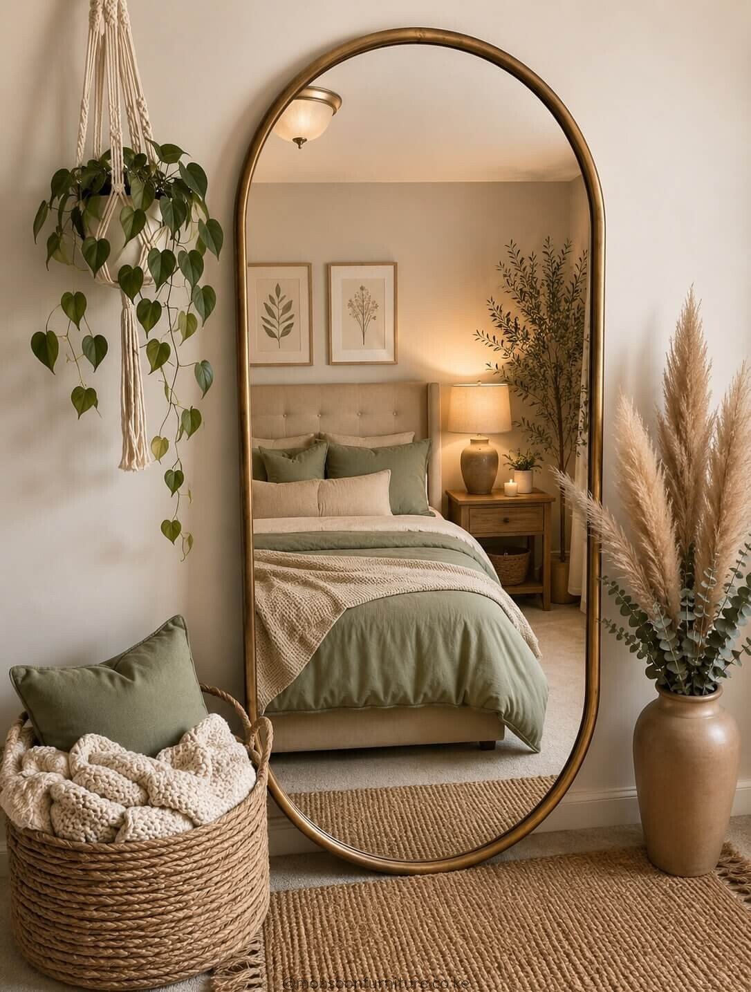Gold arched full length mirror Kenya with a slim metallic frame, styled as a leaning bedroom floor mirror.