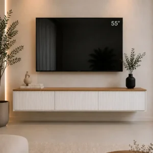 White Fluted 55 Inch TV Cabinet Kenya – Floating Design with alternative navy smooth-front finish – TV cabinet Nairobi