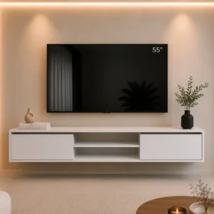 White floating 55 inch TV cabinet Kenya with closed side storage and two open centre shelves beneath a wall-mounted TV.