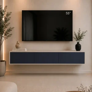 Floating 55-inch TV cabinet with navy smooth front panels, a light outer frame and three closed storage sections.