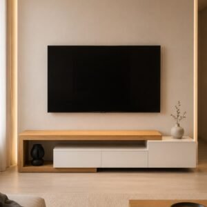 White wood-look asymmetric TV cabinet Kenya with handle-free storage, central media shelf, open display bay and stepped right section.