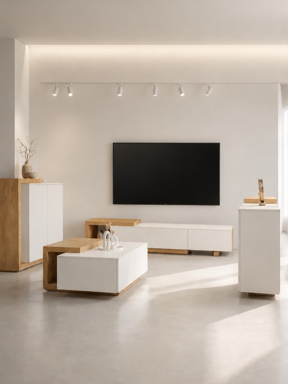 White Oak-Look Open-Shelf Coffee Table Kenya with handle-free closed storage – living room coffee table Nairobi