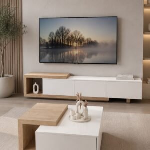 White oak-look open-shelf coffee table Kenya with a two-level top, handle-free storage and an asymmetric rectangular design.