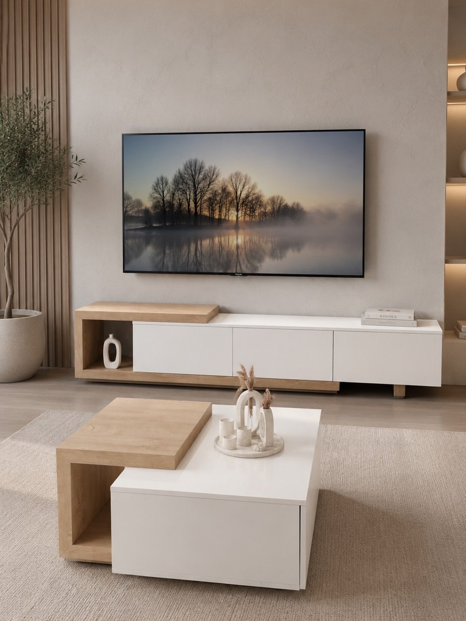 White oak-look open-shelf coffee table Kenya with a two-level top, handle-free storage and an asymmetric rectangular design.