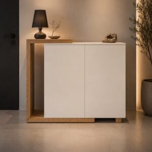 White oak-look 2 door shoe cabinet Kenya with handle-free fronts, an open vertical display bay and asymmetric frame.