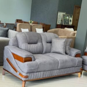 Grey fabric 2 seater sofa with wooden arms Kenya, padded backrest and matching cushion