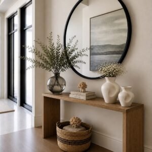 Slim rectangular entryway console table Kenya in brown wood-look finish below round mirror