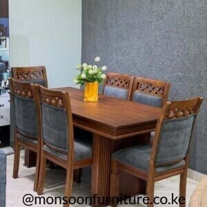 Walnut Mninga wood 6 seater dining set with grey upholstered chairs in Kenya