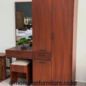 Modern walnut 2 door wardrobe with integrated dressing table, mirror and stool in Kenya