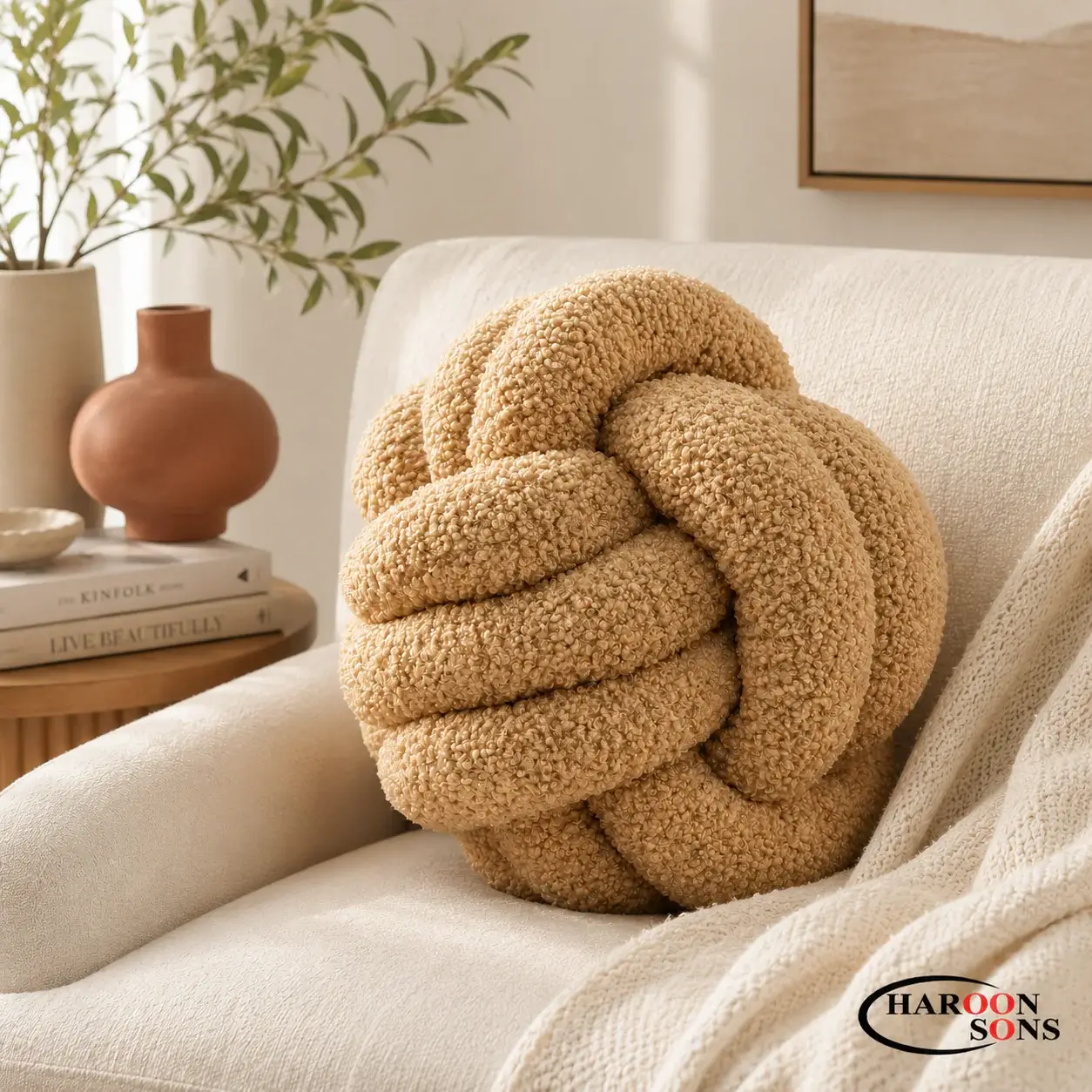 Ivory and warm taupe bouclé knot cushions/throw pillows styled on a cream sofa in Nairobi