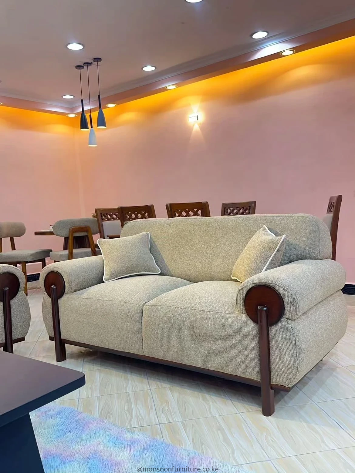 Light Grey 7 Seater Sofa Set Kenya with Wood-Arm Accents - Image 2