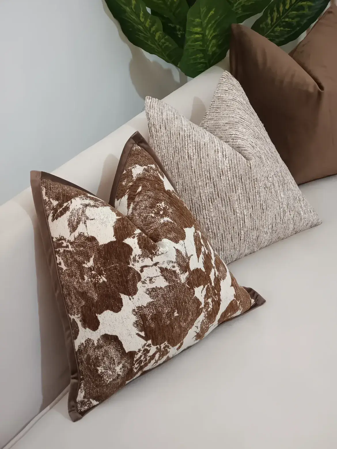 Taupe Floral Textured Throw Pillow Set Kenya - Image 4