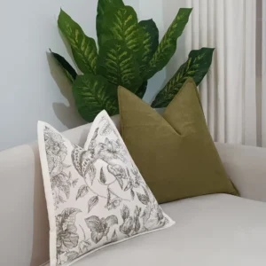Four-piece olive herringbone and grey textured throw pillow set styled on a cream sofa in Nairobi Title: Olive Herringbone Textured Throw Pillow Set