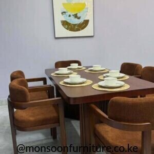 Walnut brown 6 seater fluted pedestal dining set with upholstered chairs in Kenya