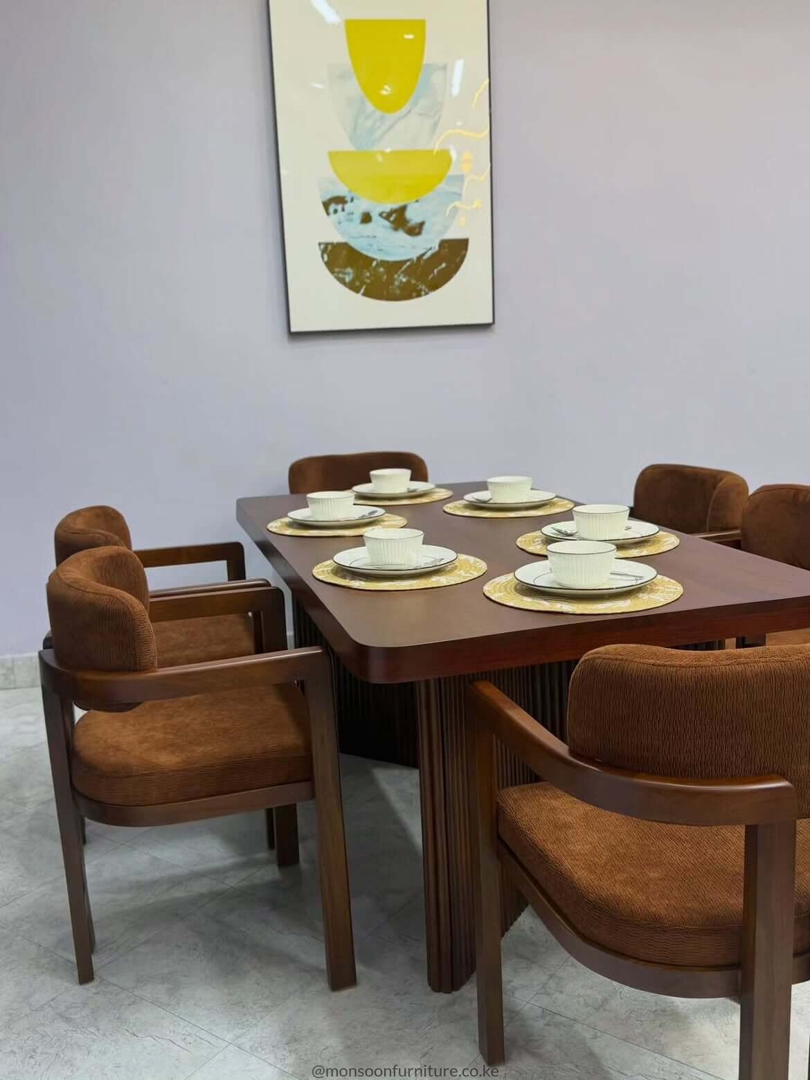 Walnut brown 6 seater fluted pedestal dining set with upholstered chairs in Kenya
