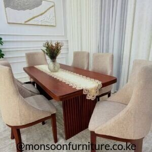 Walnut fluted base 6 seater dining set with beige upholstered chairs in Kenya