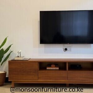 Walnut minimalist low TV stand with open shelves and concealed storage in Kenya