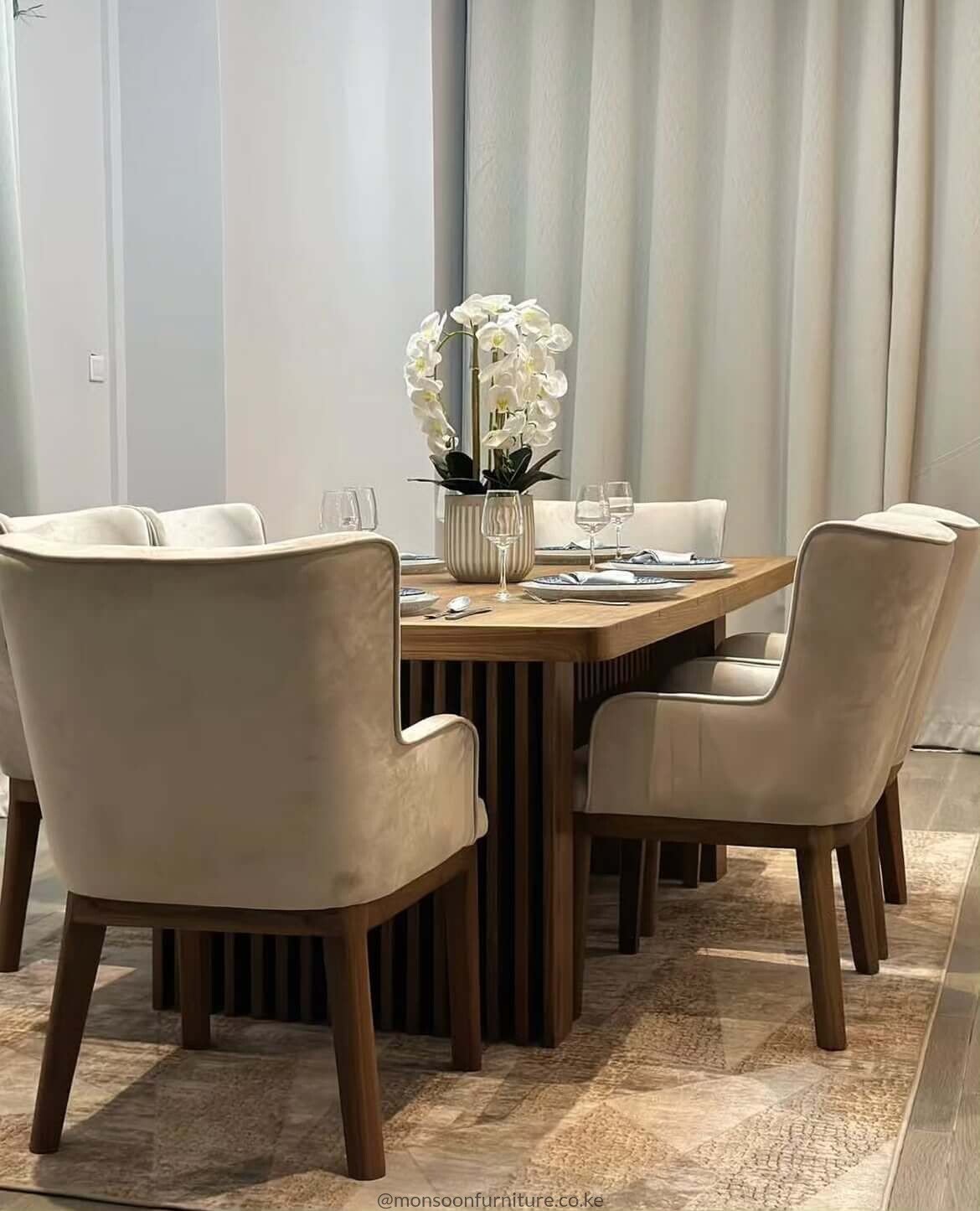 Walnut Slatted Pedestal 6 Seater Dining Set Kenya - Image 2