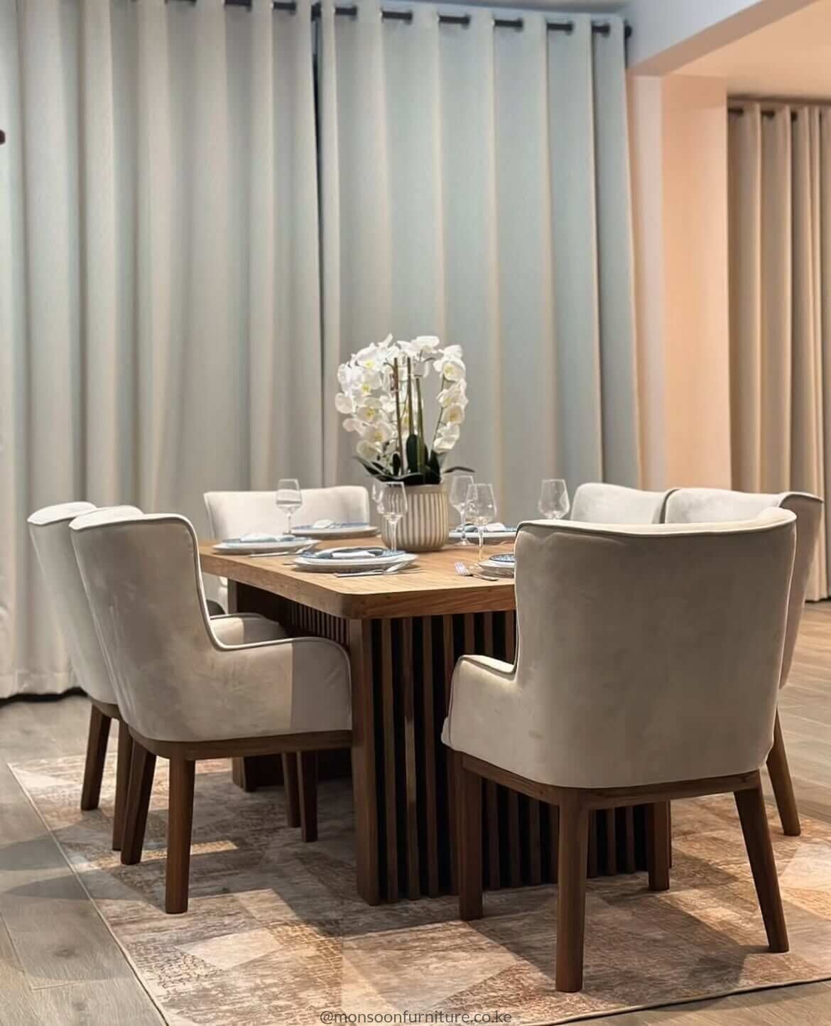 Walnut Slatted Pedestal 6 Seater Dining Set Kenya - Image 3