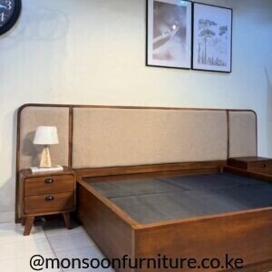 Walnut upholstered 5×6 platform bed with extended headboard and matching bedside tables