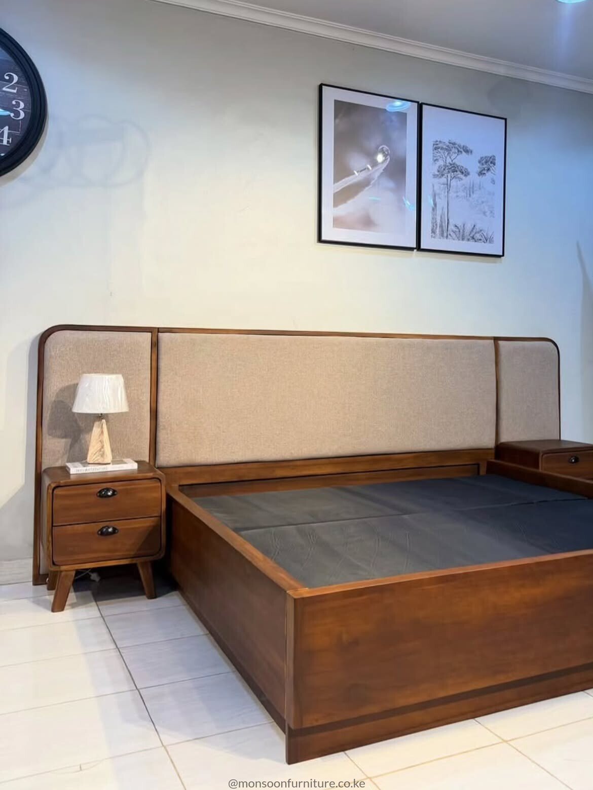 Walnut upholstered 5×6 platform bed with extended headboard and matching bedside tables