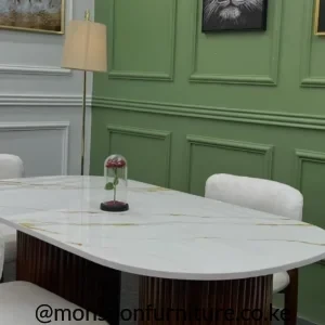 White marble-top fluted 6 seater dining table with walnut pedestal base in Kenya
