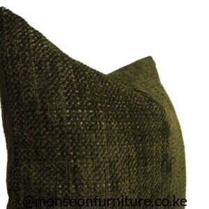 Four olive herringbone and ivory botanical sketch throw pillows styled on a cream sofa in Nairobi Title: Olive Botanical Sketch Throw Pillow Set