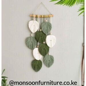 Green and white macramé leaf wall hanging measuring 25×55cm for modern homes in Kenya