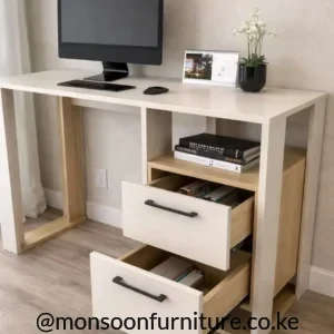 White 120cm study desk with two drawers, open shelf, light wood-tone accents and dark bar handles.