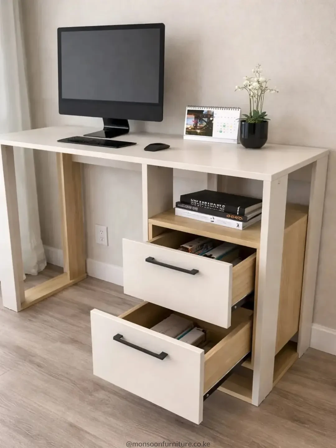 White 120cm study desk with two drawers, open shelf, light wood-tone accents and dark bar handles.