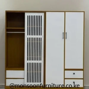 Four-door brown and white wardrobe with slotted panel, hanging rail, upper shelf, drawers and dark handles.